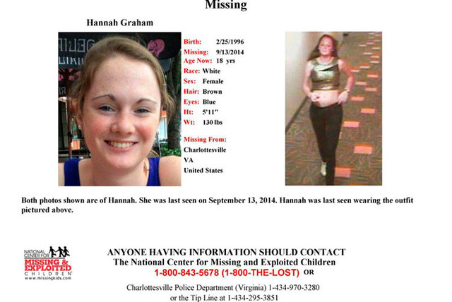 Hannah Graham, 18, a University of Virginia student who went missing late 2014, is shown in this missing persons poster released by Charlottesville Police Department in Charlottesville, Virginia,  ...