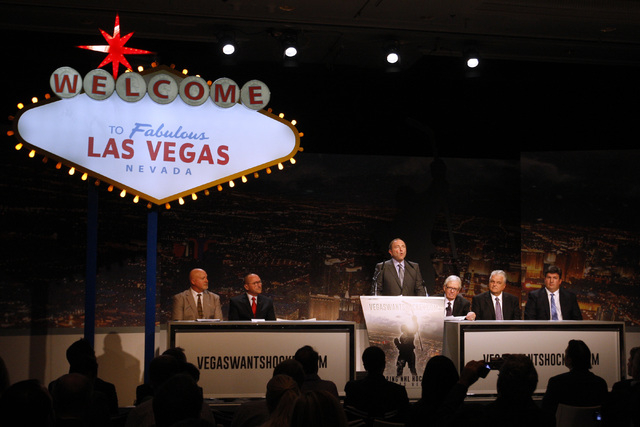 NHL Commissioner Gary Bettman speaks at an event to kick off an NHL ticket deposit drive being held to try and draw an NHL team to Las Vegas Tuesday, Feb. 10, 2015, at the MGM Grand. (Sam Morris/L ...