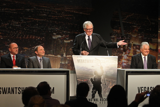 Bill Foley speaks during a news conference to kick off an NHL ticket deposit drive being held to try and draw an NHL team to Las Vegas Tuesday, Feb. 10, 2015, at the MGM Grand. From left are Rossi ...