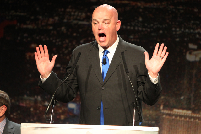 Radio host Chet Buchanan speaks during the launch of the NHL team ticket deposit drive for a Las Vegas team during at MGM Grand casino-hotel in Las Vegas Tuesday, Feb. 10, 2015. (Erik Verduzco/Las ...