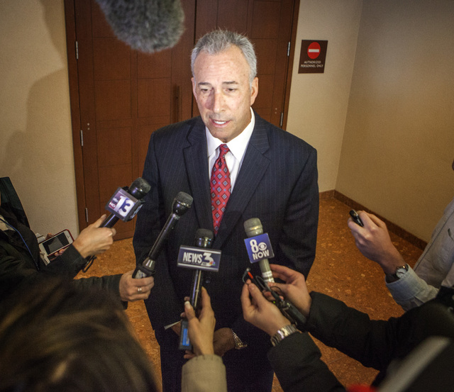 Clark County District Attorney Steve Wolfson speaks to the media after the initial appearance of Erich Nowsch non Monday, Feb 23, 2015, at  Regional Justice Center, 200 Lewis Avenue. Representing  ...