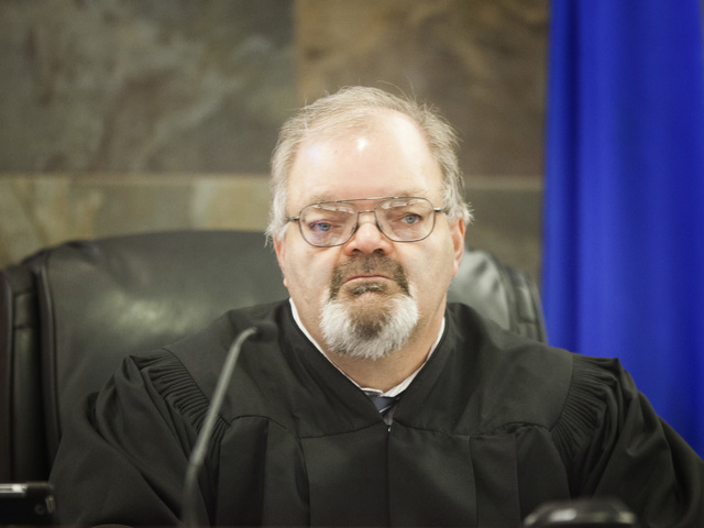 Las Vegas Justice of the Peace Conrad listens while Erich Nowsch makes his initial appearance on Monday, Feb 23, 2015, at Regional Justice Center, 200 Lewis Avenue. The 19-year-old is charged w ...