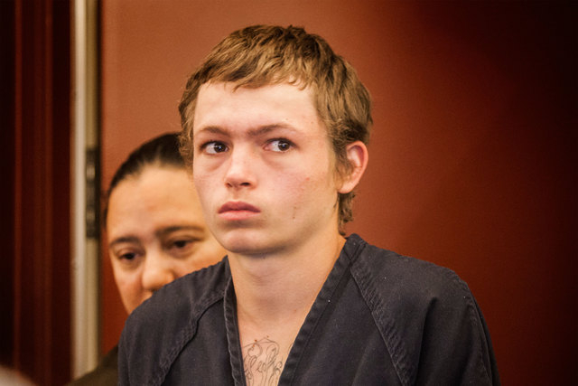 Erich Nowsch makes his first court appearance on Monday, Feb. 23, 2015, at the Regional Justice Center. The 19-year-old is charged with murder in the shooting death of Tammy Meyers, 44, on Feb. 1 ...