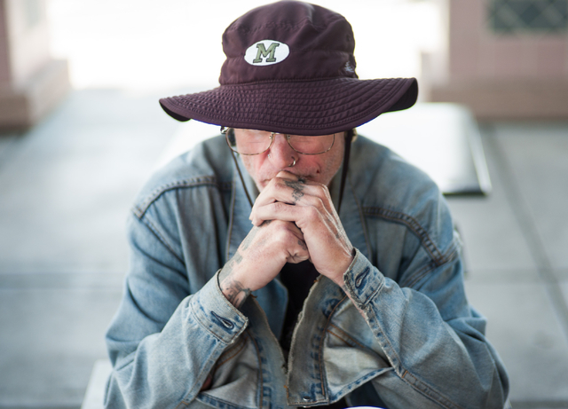 Russell Yeager pauses for a moment during an interview with the Review-Journal outside of a Starbucks at Decatur Boulevard and Sahara Avenue in Las Vegas on Monday, Nov. 24, 2014. Yeager has been  ...