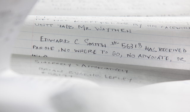 Letters from inmates describing their experiences in the difficulty of being released form prison on parole are seen in a photo illustration on Wednesday, Jan. 21, 2015. (Chase Stevens/Las Vegas R ...