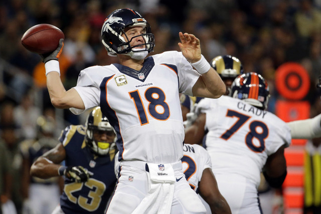 FILE - In this Nov. 16, 2014, file photo, Denver Broncos quarterback Peyton Manning throws during an NFL football game against the St. Louis Rams in St. Louis. The AFC West champion Broncos led th ...