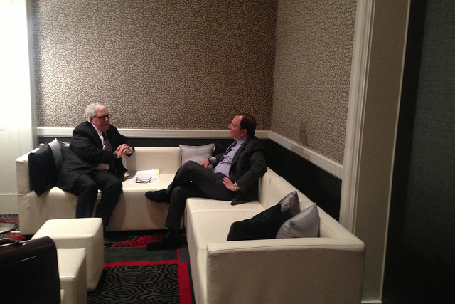 Las Vegas NHL team investor Bill Foley and NHL Commissioner Gary Bettman chat before ticket drive presser on Tuesday, Feb. 10, 2015. (Alan Snel/Las Vegas Review-Journal)