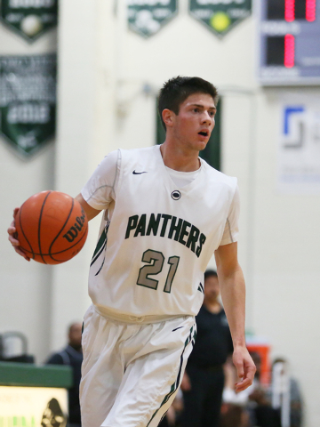 Palo Verde's Connor Lemmon dribbles the ball during a basketball game against Shadow Ridge at Palo Verde High School Tuesday, Feb. 10, 2015, in Las Vegas. Palo Verde won 77-71. (Ronda Churchill/La ...