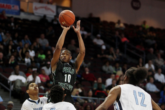 Palo Verde guard Ja Morgan shoots over the Canyon Springs defense during their Division I state semifinal game Thursday, Feb. 26, 2015, at the Orleans Arena. (Sam Morris/Las Vegas Review-Journal)