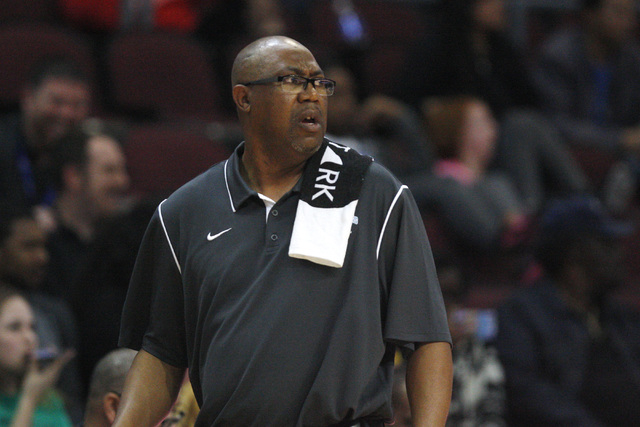 Canyon Springs coach Freddie Banks stares at an official after a call during their Division I state semifinal game against Palo Verde Thursday, Feb. 26, 2015, at the Orleans Arena. (Sam Morris/Las ...