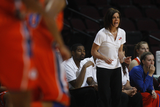 Bishop Gorman head coach Sheryl Krmpotich yells to her players during their Division I state semifinal game against Liberty Thursday, Feb. 26, 2015, at the Orleans Arena. Bishop Gorman won 39-35.  ...