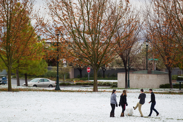 People kick the former portion of a snowman around at Gardens Park in the Summerlin area of Las Vegas on Monday, Feb. 23, 2015. Parts of Summerlin were dusted with about one to two inches of snow. ...