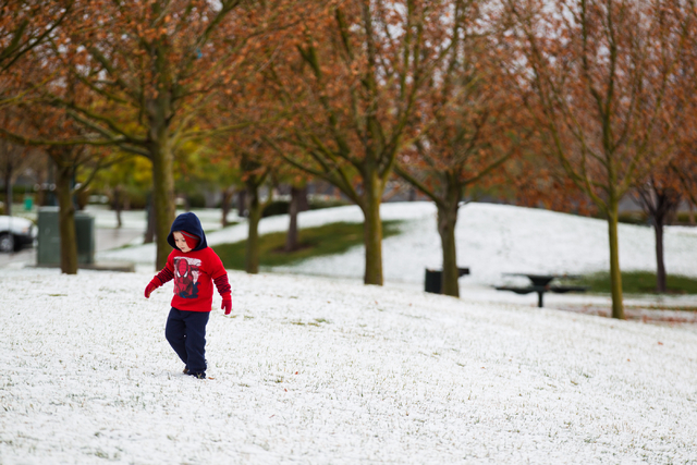 Three-year-old Russell Omlie walks in the snow at Gardens Park in the Summerlin area of Las Vegas on Monday, Feb. 23, 2015. Parts of Summerlin were dusted with about one to two inches of snow. (Ch ...