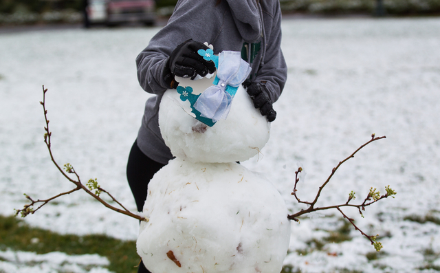 Kennedy Childress, 17, works on building a snowman at Gardens Park in the Summerlin area of Las Vegas on Monday, Feb. 23, 2015. Parts of Summerlin were dusted with about one to two inches of snow. ...