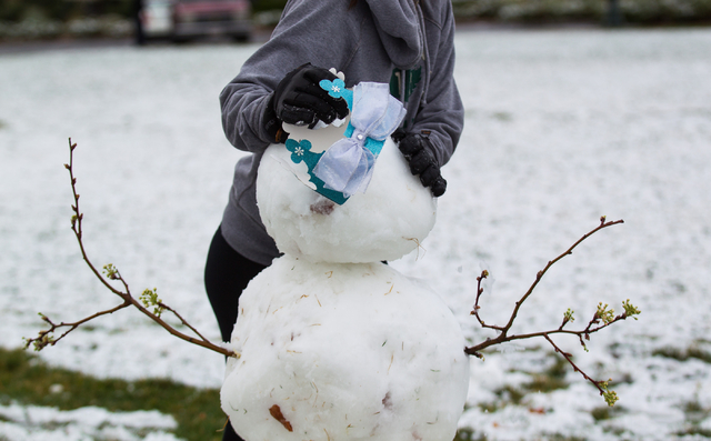 Kennedy Childress, 17, works on building a snowman at Gardens Park in the Summerlin area of Las Vegas on Monday, Feb. 23, 2015. Parts of Summerlin were dusted with about one to two inches of snow. ...