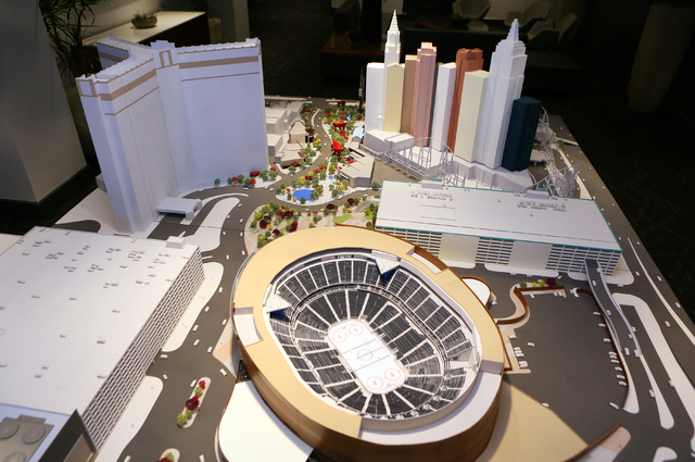 A model of the MGM-AEG arena depicting the arena that is currently under construction behind New York- New York hotel-casino is shown at the MGM Resorts International-AEG arena sales center Wednes ...