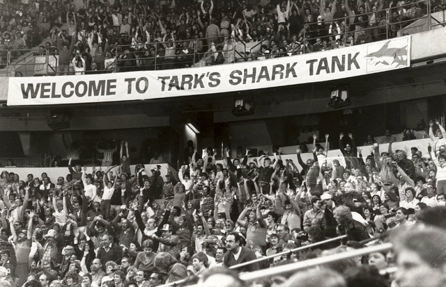A banner reads "Welcome To Tark's Shark Tank" during a UNLV Rebels basketball game at the Thomas & Mack Center in Las Vegas, Feb. 26, 1985. (Jim Laurie/Las Vegas Review-Journal)