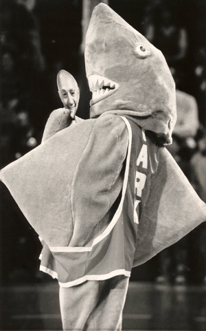 The "Tark the Shark" mascot performs during a UNLV Rebels basketball game at the Thomas & Mack Center in Las Vegas, Feb. 26, 1985. (Jim Laurie/Las Vegas Review-Journal)