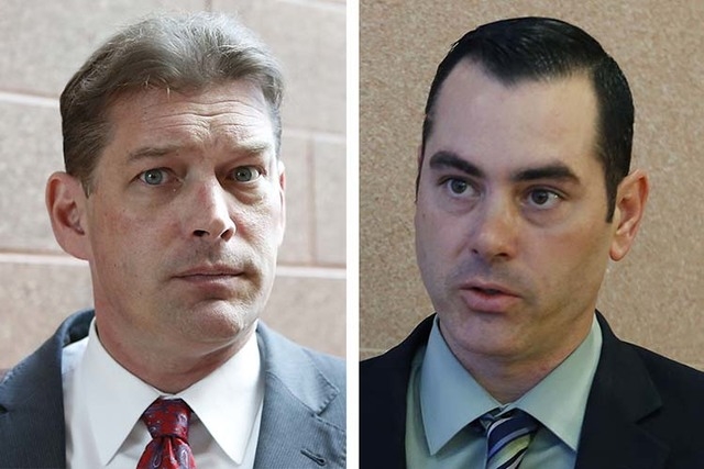 Las Vegas attorneys Mark Coburn, left, and Scott Holper, right, engaged in a verbal altercation in Justice Court Judge Conrad Hafen’s courtroom in July. (Bizuayehu Tesfaye/Las Vegas Review- ...
