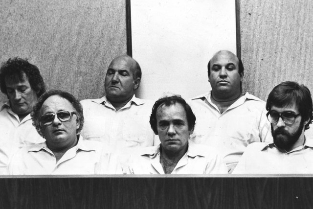 Hole in the Wall Gang, from left, Lawrence Neumann, Frank Cullotta, Joe Blasko, Leo Guardino, Ernie Davino and Wayne Matecki are shown during an appearance in Clark County District Court in this f ...