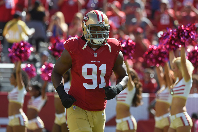 October 5, 2014; Santa Clara, CA, USA; San Francisco 49ers defensive end Ray McDonald (91) during player introductions before the game against the Kansas City Chiefs at Levi's Stadium. (Kyle Terad ...
