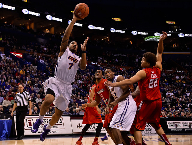 Mar 8, 2015; St. Louis, MO, USA; Northern Iowa Panthers guard Deon Mitchell (1) attempts a layup against the Illinois State Redbirds during second half in the championship game of the Missouri Val ...