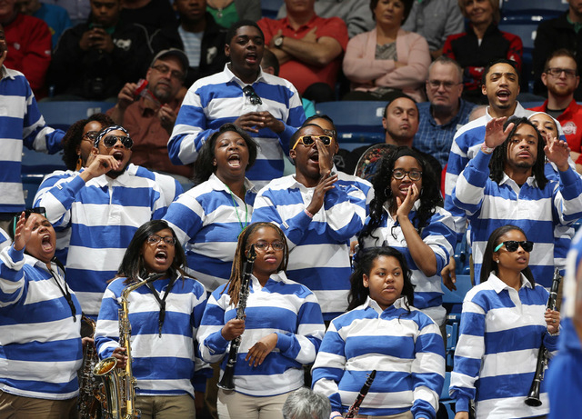 Mar 17, 2015; Dayton, OH, USA; Hampton Pirates band members cheer during the first half against the Manhattan Jaspers in the first round of the 2015 NCAA Tournament at UD Arena. Mandatory Credit:  ...