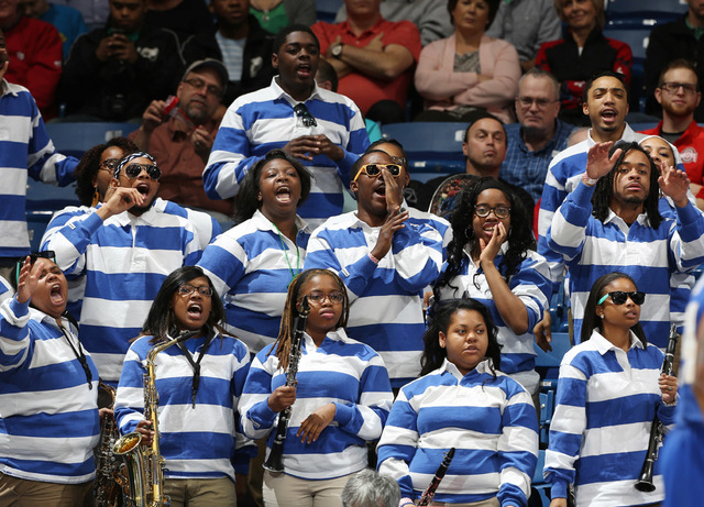 Mar 17, 2015; Dayton, OH, USA; Hampton Pirates band members cheer during the first half against the Manhattan Jaspers in the first round of the 2015 NCAA Tournament at UD Arena. Mandatory Credit: ...