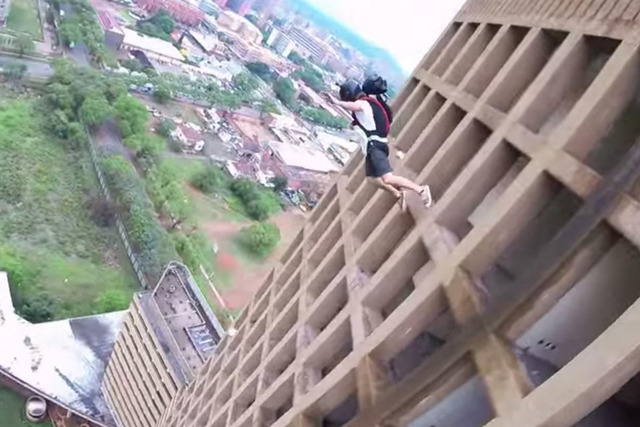 This video released by the camera manufacturer features two friends racing to the top of an abandoned building and then BASE jumping from the 27th floor.