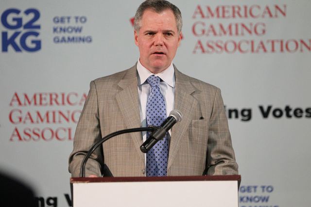 Jim Murren, CEO of MGM Resorts International, speaks during a press conference on the American Gaming Association's voting initiative targeting presidential states at the Aristocrat Technology off ...