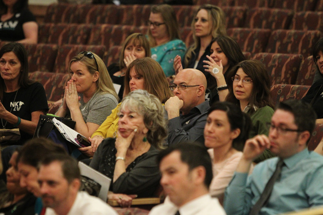 No Kill Las Vegas supporters wait for a vote on a shelter contract during a Clark County Commission meeting inside the Clark County Commissioner chambers in Las Vegas Tuesday, March 17, 2015. Clar ...