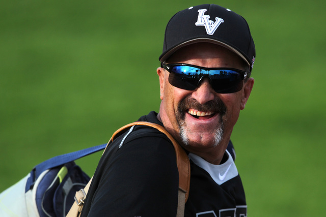 UNLV head coach Tim Chambers smiles at a friend in the stands after their 7-1 defeat of Grand Canyon University Tuesday, March 17, 2015 at Earl E. Wilson Stadium. (Sam Morris/Las Vegas Review-Journal)