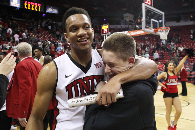UNLV guard Rashad Vaughn hugs a fan after their Mountain West Conference game against Utah State Saturday, Jan. 24, 2015, at the Thomas & Mack Center. UNLV won in overtime, 79-77. (Sam Morris/Las  ...