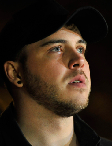 Brandon Meyers speaks during a memorial vigil for his mother, Tammy Meyers, at Walter Johnson Junior High School on Tuesday, Feb. 17, 2015. The 22-year-old Meyers finds himself defending his moth ...