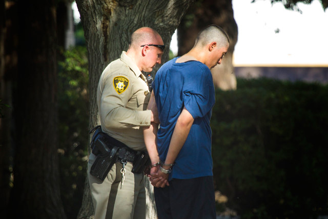 Las Vegas police officer takes Leonardo Ruesga, 20, of Las Vegas, into custody on Monday, March 30, 2015, after a hit-and-run at a bus stop on Sahara Avenue and Maryland Parkway. A woman and her g ...