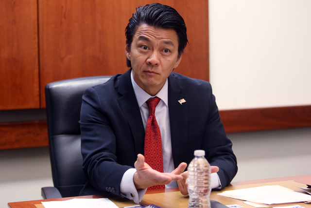 Derek Uehara, a candidate for Henderson City Council Ward 4 talks to the Las Vegas Review-Journal editorial board at the Review-Journal offices Thursday, Feb. 12, 2015. (K.M. Cannon/Las Vegas Revi ...