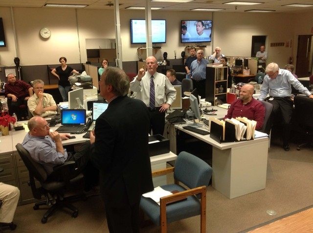 Gatehouse Media CEO Kirk Davis speaks to the newsroom staff at the Las Vegas Review-Journal on Wednesday, March 18, 2015. Davis announced the completion of the sale of Stephens Media to New Media  ...