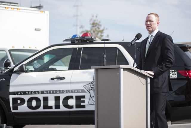 Motorola Solutions Vice President Jack Molloy talks about the Las Vegas police department's new radio system as he speaks about a partnership with police at the Enterprise Area Command in Las Vega ...