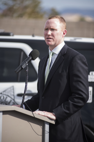 Motorola Solutions Vice President Jack Molloy talks about the Las Vegas police department's new radio system as he speaks about a partnership with police at the Enterprise Area Command in Las Vega ...