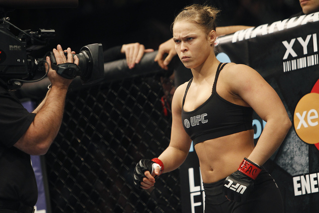 Ronda Rousey prepares to fight Sara McMann during UFC 170 at the Mandalay Bay Events Center in Las Vegas on Saturday night, Feb. 22, 2014.  (Jason Bean/Las Vegas Review-Journal)
