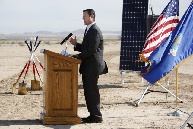 Patrick Egan, senior vice president for NV Energy, speaks during a ground breaking ceremony for the Nellis Solar Array II project at Nellis Air Force Base in Las Vegas Tuesday, March 24, 2015. The ...