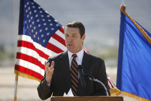 Patrick Egan, senior vice president for NV Energy, speaks during a ground breaking ceremony for the Nellis Solar Array II project at Nellis Air Force Base in Las Vegas Tuesday, March 24, 2015. The ...