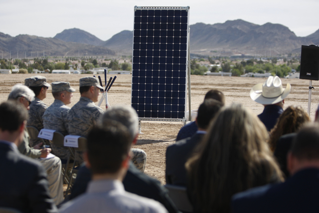 A solar panel is seen during a ground breaking ceremony for the Nellis Solar Array II project at Nellis Air Force Base in Las Vegas Tuesday, March 24, 2015. The 15 megawatt panels designed by SunP ...
