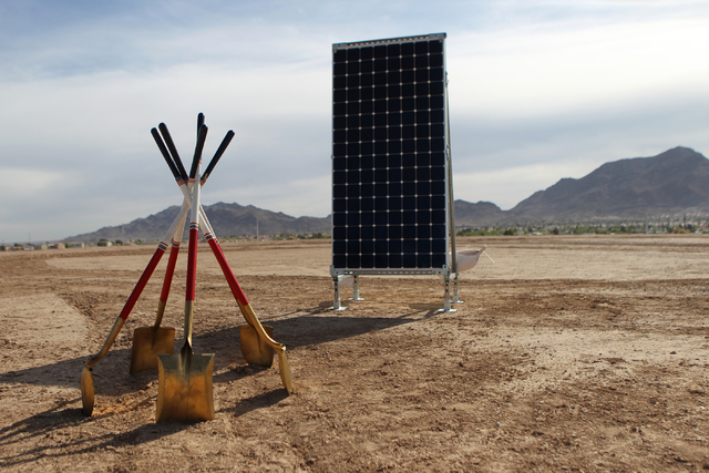 The future 102-acre site for solar panels is seen during a ground breaking ceremony for the Nellis Solar Array II project at Nellis Air Force Base in Las Vegas Tuesday, March 24, 2015. The 15 mega ...