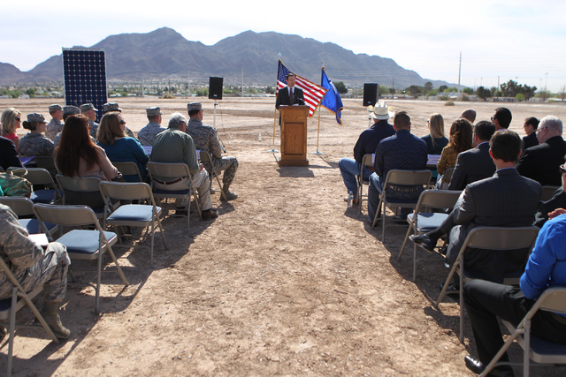 Patrick Egan, senior vice president for NV Energy, speaks during a ground breaking ceremony for the Nellis Solar Array II project at Nellis Air Force Base in Las Vegas Tuesday, March 24, 2015. The ...