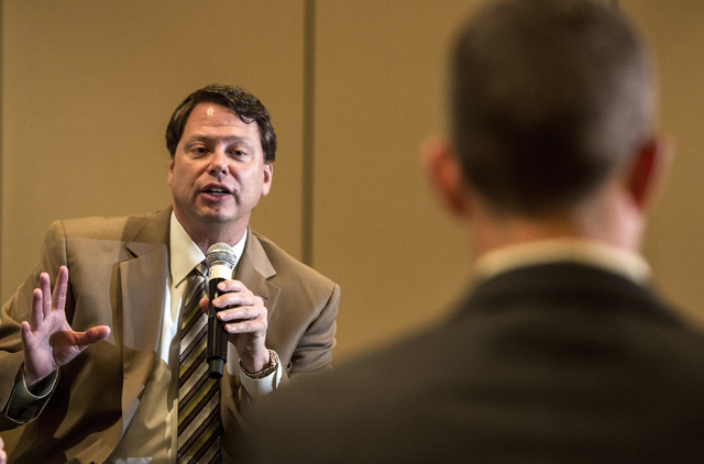 County School District Superintendent Pat Skorkowsky, left, speaks during Newsfeed Breakfast at the Four Seasons Hotel Las Vegas on Tuesday, March 17, 2015. Also on the panel is moderator Glen Coo ...