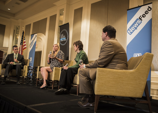 Nevada State Board of Education Vice President Allison Serafin, second from left, speaks during the Newsfeed Breakfast at the Four Seasons Hotel Las Vegas on Tuesday, March 17, 2015. Also on the p ...