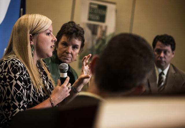 Nevada State Board of Education Vice President Allison Serafin, left, speaks during the Newsfeed Breakfast at the Four Seasons Hotel Las Vegas on Tuesday, March 17, 2015. Also on the panel are Edu ...
