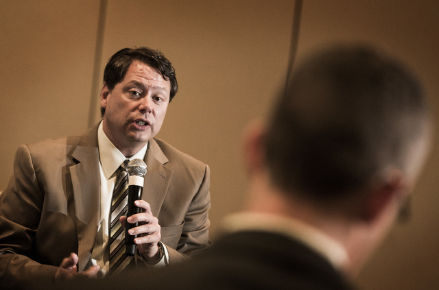 County School District Superintendent Pat Skorkowsky, left, speaks during Newsfeed Breakfast at the Four Seasons Hotel Las Vegas on Tuesday, March 17, 2015. The event discussed K-12 education and  ...