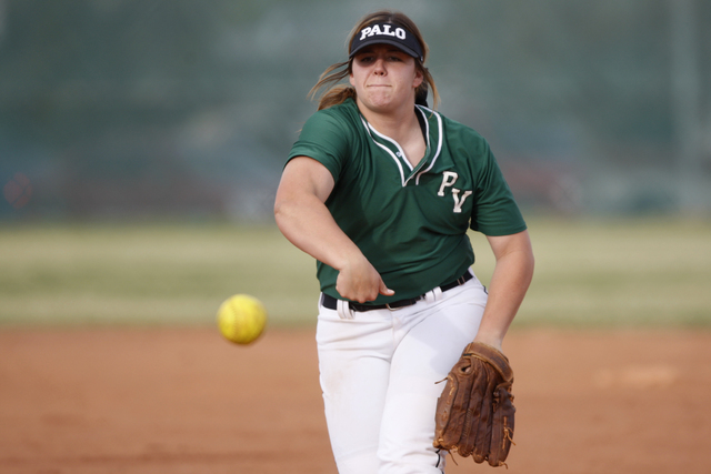 Palo Verde's Kelsea Sweeney (22) pitches the ball in their softball game against Rancho at Rancho High School in Las Vegas Tuesday, March 17, 2015. Palo Verde won 10-0. (Erik Verduzco/Las Vegas Re ...